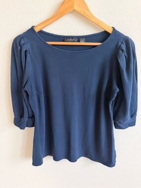 Halogen Navy Scoop-Neck Puff Sleeve Long Sleeve Top